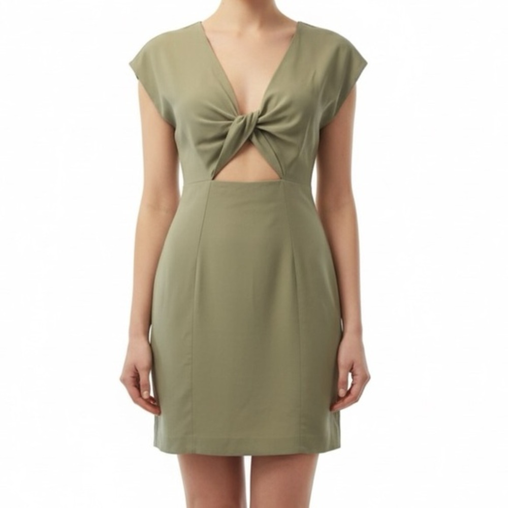 Linen Blend Cut Out Dress with Twist Front in Army Green L